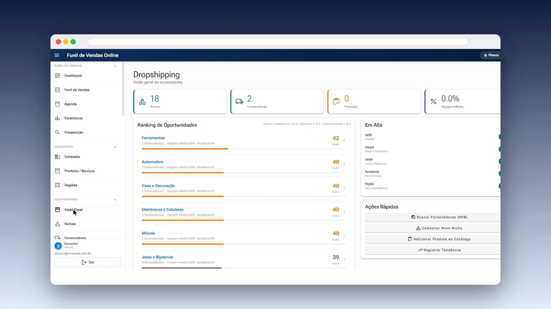 Painel de dropshipping com ranking de oportunidades e produtos em alta