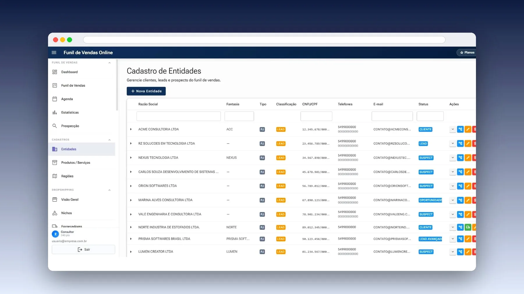Cadastro de entidades com dados de CNPJ, contato e status do funil