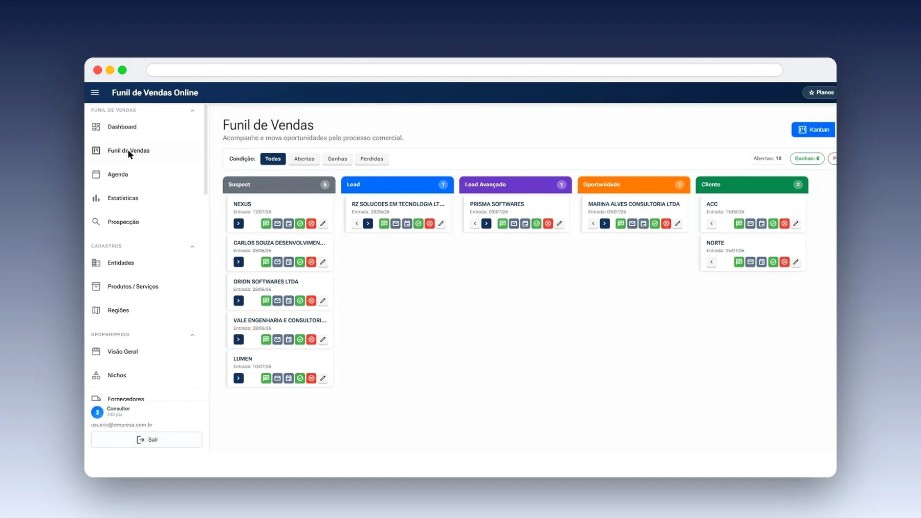 Kanban do funil de vendas com etapas Suspect, Lead, Lead Avançado, Oportunidade e Cliente